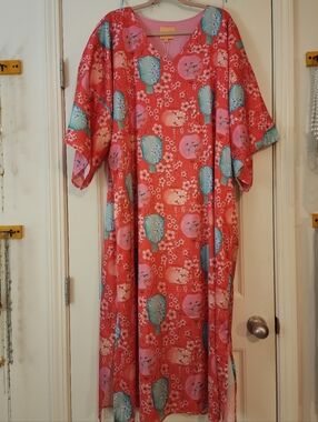 Solelia NWT Coral Floral Lantern Print Maxi Dress Asian Inspired 2X Kimono Vibe